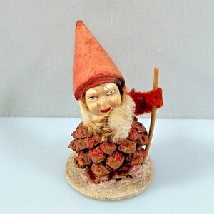 Vintage West Germany Pine Cone Gnome Putz Elf Christmas Figurine Cane FLAW